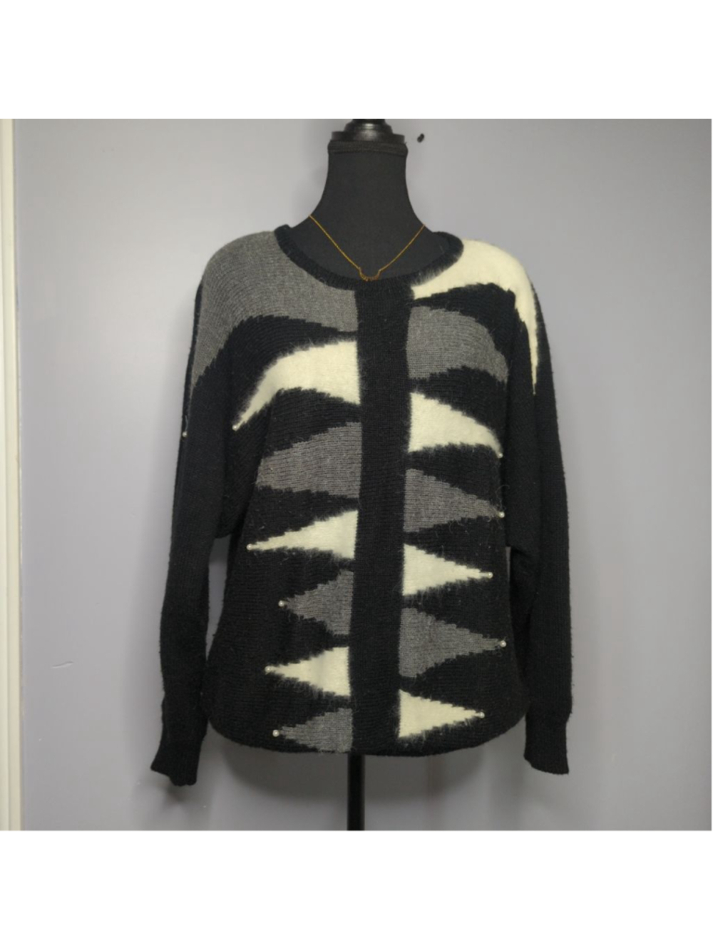 Vintage Christina Grant Angora Blend Sweater - Pearl Accents - Sz 2X - 80s -B/W